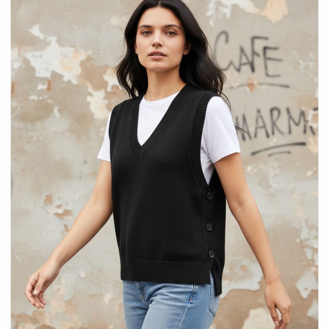 Chaleco Mujer con botones a los costados Cuello V cashmere hilo